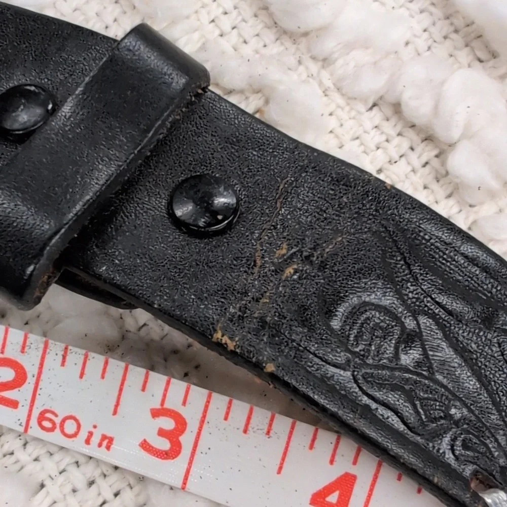 Vintage Western Black Leather Buckstitch Silver Longhorn Embossed Tooled Belt